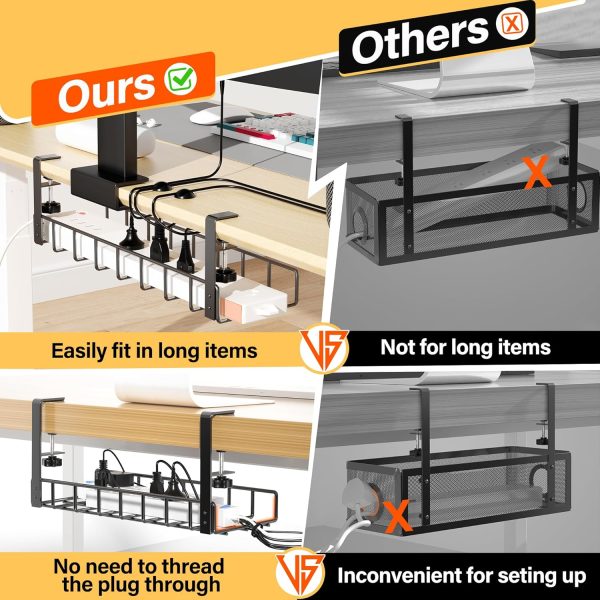2 Pack Cable Management Under Desk Tray, 31.4" No Drill Under Desk Wire Management with Upgraded Clamp, Metal Cord Organizers for Desk with Cable Organizers, PC Cable Management Rack, Black - Image 2