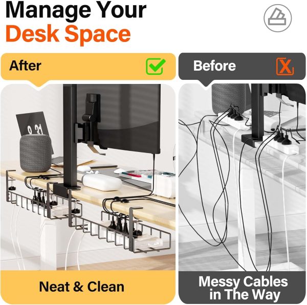 2 Pack Cable Management Under Desk Tray, 31.4" No Drill Under Desk Wire Management with Upgraded Clamp, Metal Cord Organizers for Desk with Cable Organizers, PC Cable Management Rack, Black - Image 3