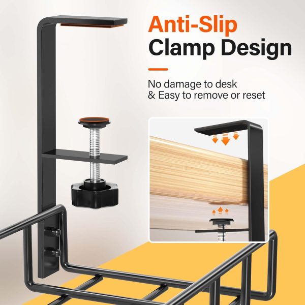2 Pack Cable Management Under Desk Tray, 31.4" No Drill Under Desk Wire Management with Upgraded Clamp, Metal Cord Organizers for Desk with Cable Organizers, PC Cable Management Rack, Black - Image 5