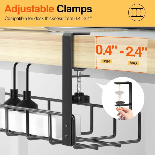2 Pack Cable Management Under Desk Tray, 31.4" No Drill Under Desk Wire Management with Upgraded Clamp, Metal Cord Organizers for Desk with Cable Organizers, PC Cable Management Rack, Black - Image 6