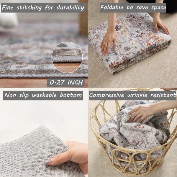 Area Rug 4x6 Washable Rug Gray Vintage Traditional Floor Cover Foldable Thin Retro Accent Indoor Distressed Non Slip Carpet Floral Print Mat Bedroom Living Room Bathroom - Image 5