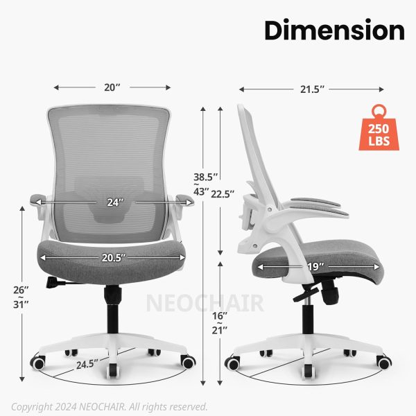NEO CHAIR Office Desk Chair Computer High Back Mesh Gaming Seat with Ergonomic Adjustable Comfy Flip-up Armrests Lumbar Support Height for Home (Grey) - Image 2