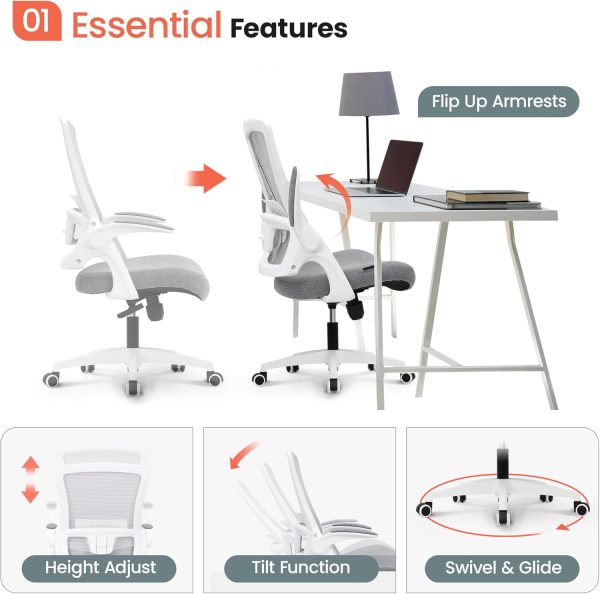 NEO CHAIR Office Desk Chair Computer High Back Mesh Gaming Seat with Ergonomic Adjustable Comfy Flip-up Armrests Lumbar Support Height for Home (Grey) - Image 3