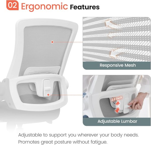 NEO CHAIR Office Desk Chair Computer High Back Mesh Gaming Seat with Ergonomic Adjustable Comfy Flip-up Armrests Lumbar Support Height for Home (Grey) - Image 4