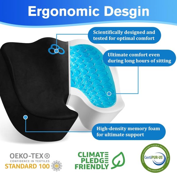 Seat Cushion, Gel Chair Cushions, Office Chair Cushions, Anti-Slip Bottom & Removable Cover Tailbone Pain Relief Cushion, Memory Foam Seat Cushion for Office, Wheelchair, Car (Black) - Image 3