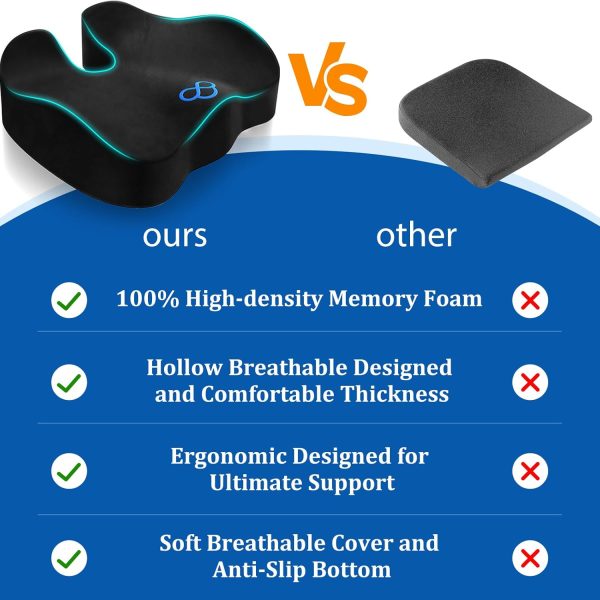 Seat Cushion, Gel Chair Cushions, Office Chair Cushions, Anti-Slip Bottom & Removable Cover Tailbone Pain Relief Cushion, Memory Foam Seat Cushion for Office, Wheelchair, Car (Black) - Image 4
